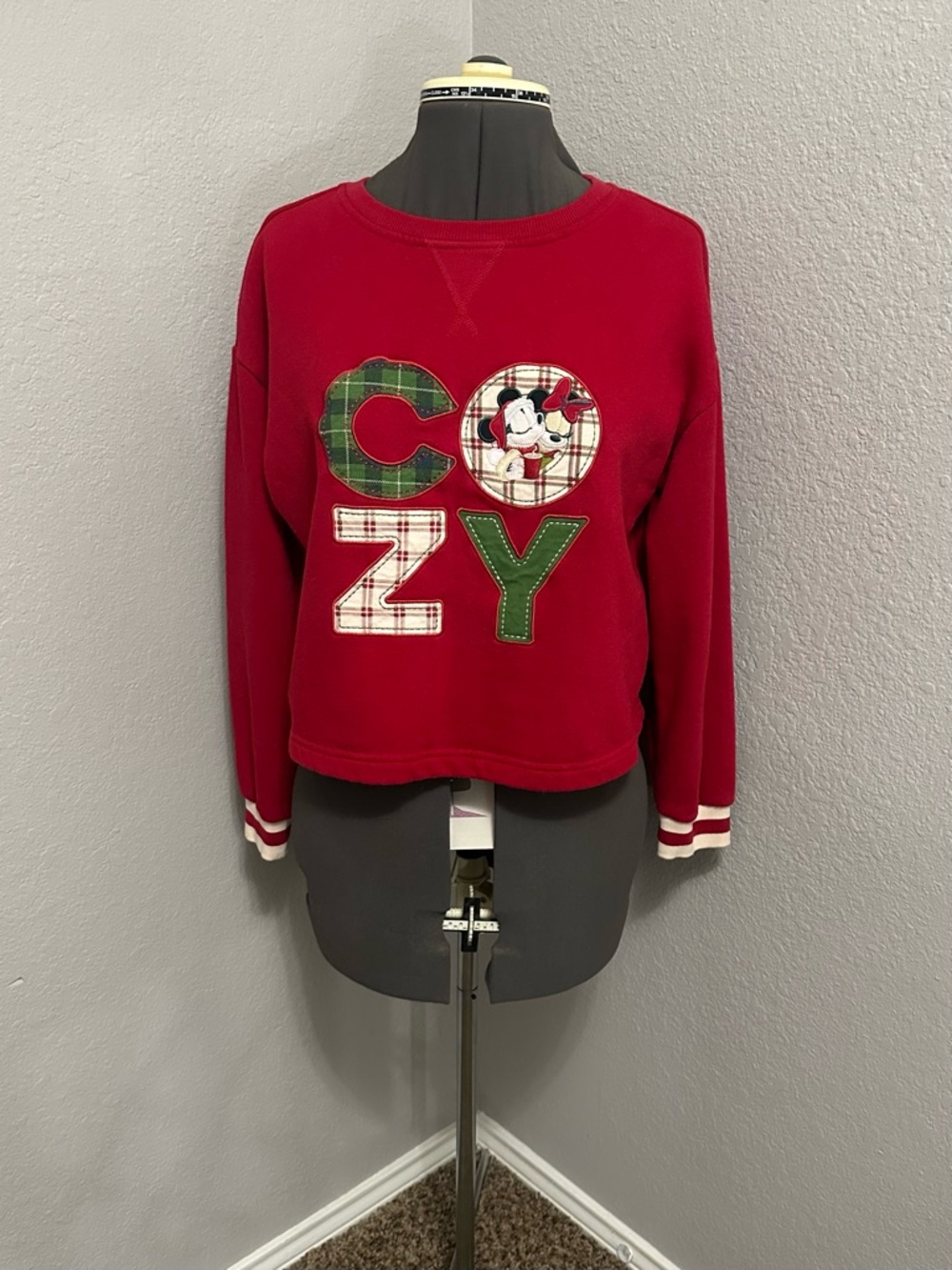 Disney Red and Green Christmas Cropped Crewneck Sweatshirt